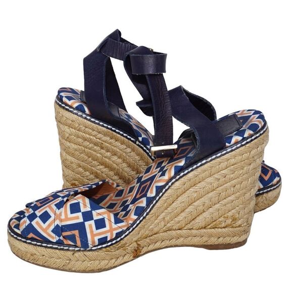 Tory Burch Criss Cross Blue and Orange Espadrille Wedges, Size 8 - Picture 6 of 11